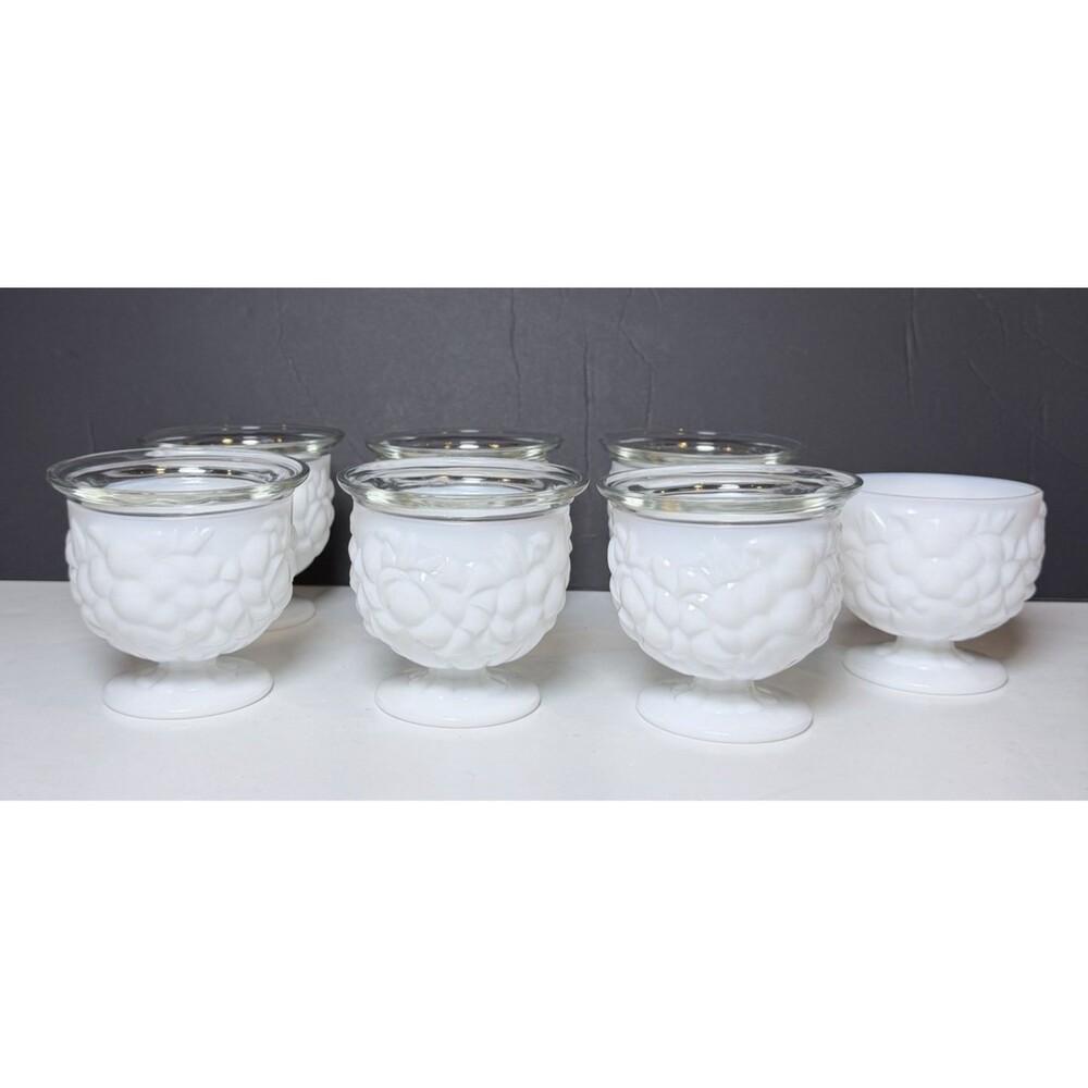 Vintage Milk Glass Footed Dessert Cups Clear Inserts Floral Set 6 + Extra